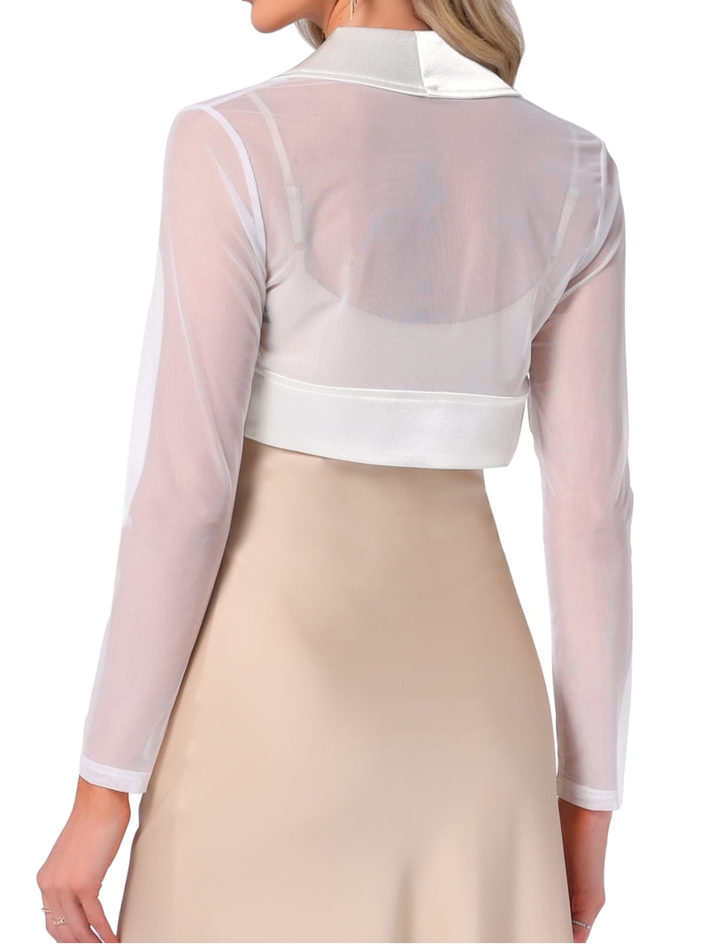 Inspire Chic Satin Shrug for Women's Evening Dresses Mesh Formal Coverup Open Front Long Sleeve Cropped Bolero M White, Size: Medium