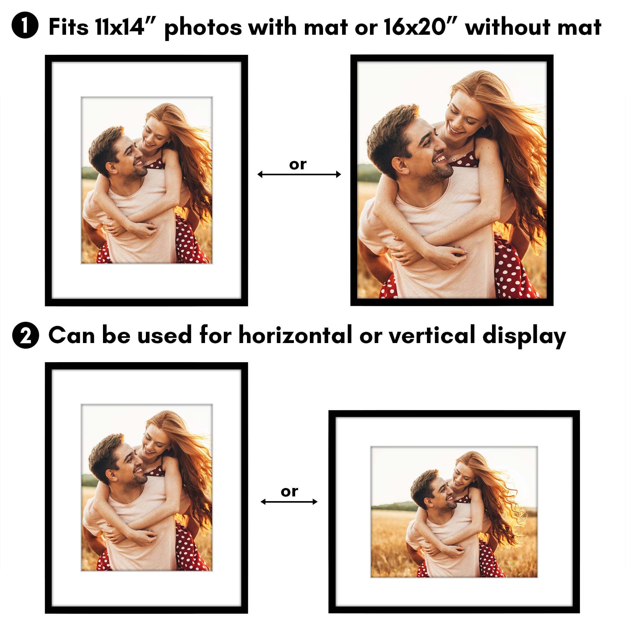 Americanflat 16x20 Picture Frame with Polished Plexiglass with 11x14 Mat Display Photo Streamline - Black