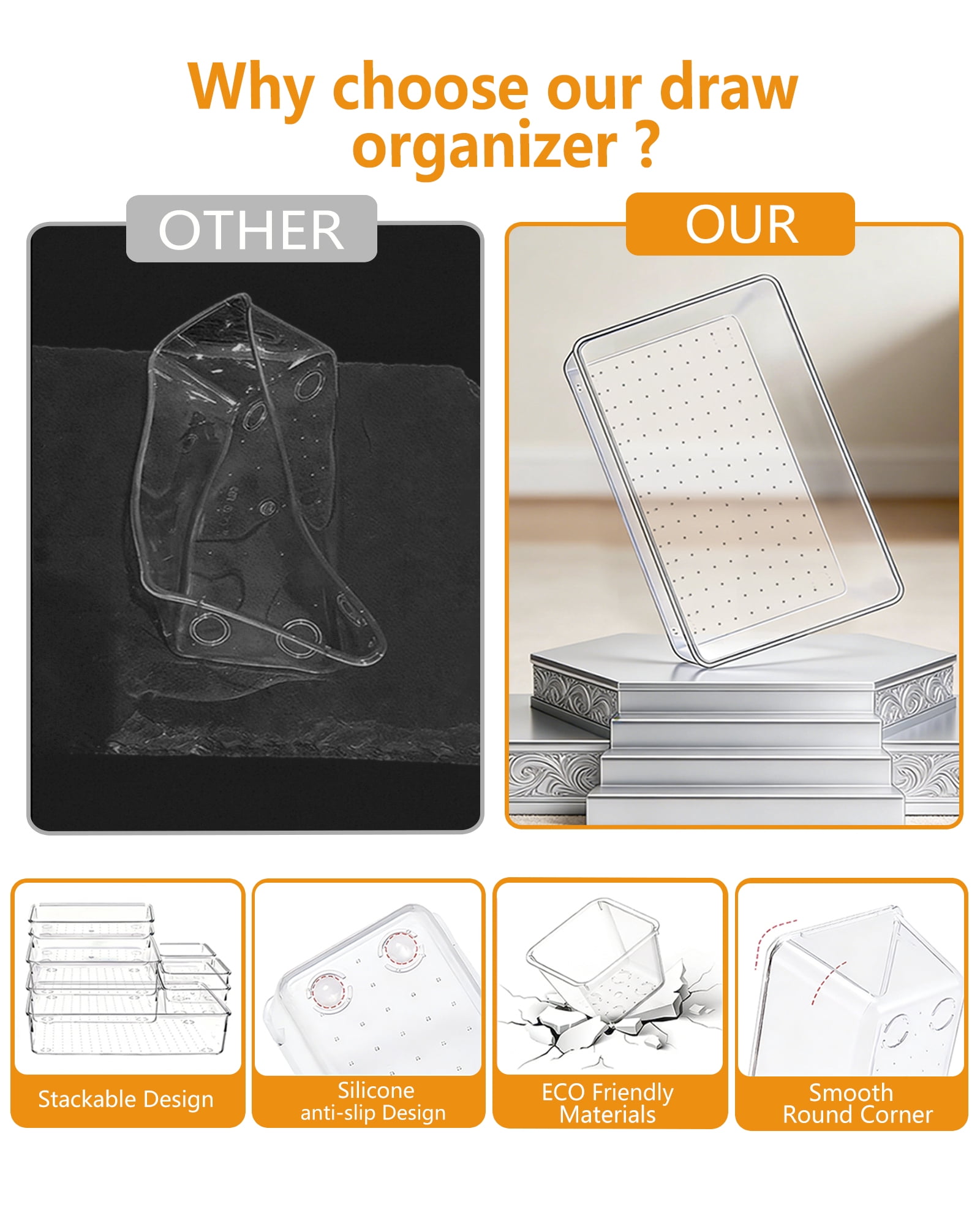 Asnews 25 Pcs Clear Plastic Drawer Organizer Set, 4 Sizes Desk Drawer Divider Organizers and Storage Bins for Makeup, Jewelry, Bedroom, Bathroom, Office