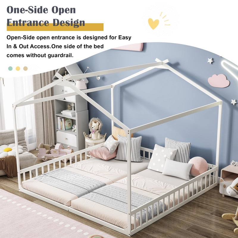 Double Twin Size House-Shaped Canopy Floor Bed with Safety Guardrails, Kids Wooden Low Profile Bed Frame with Open Roof Design
