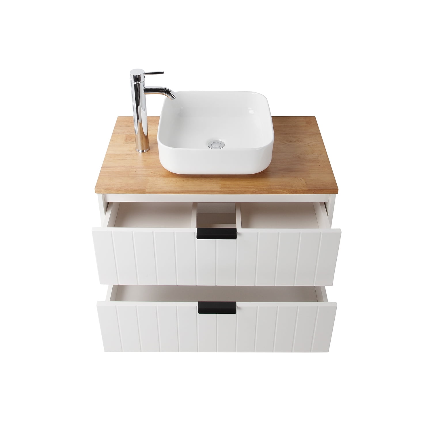 Demi Bonn 31" Double Drawer Wall-Mounted Bathroom Vanity with Solid Wood Natural Top, Square Art Ceramic Sink, Faucets and Drains Not Included, White