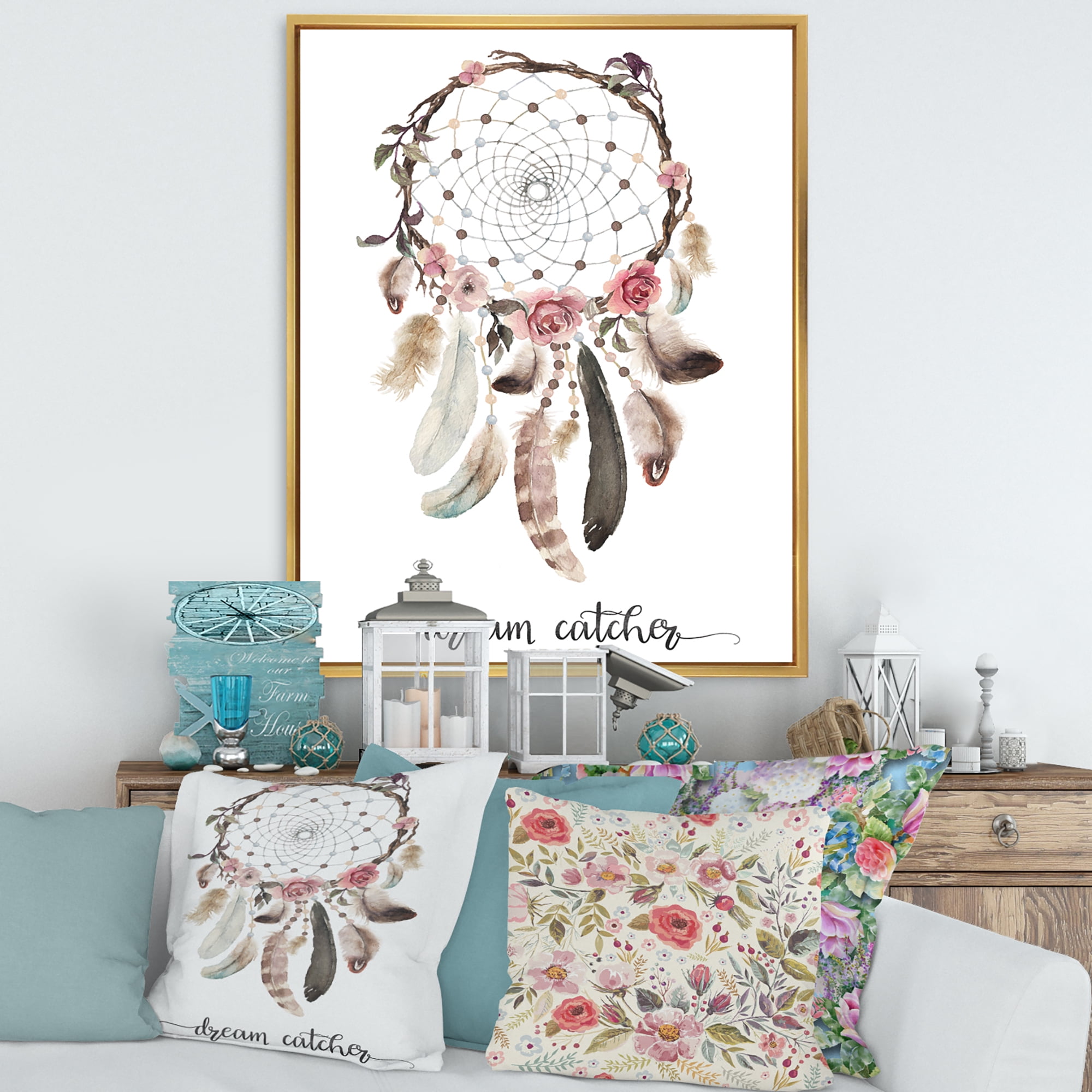 Designart 'Dream Catcher Made With Ethnic Feathers' Bohemian & Eclectic Framed Canvas Wall Art Print