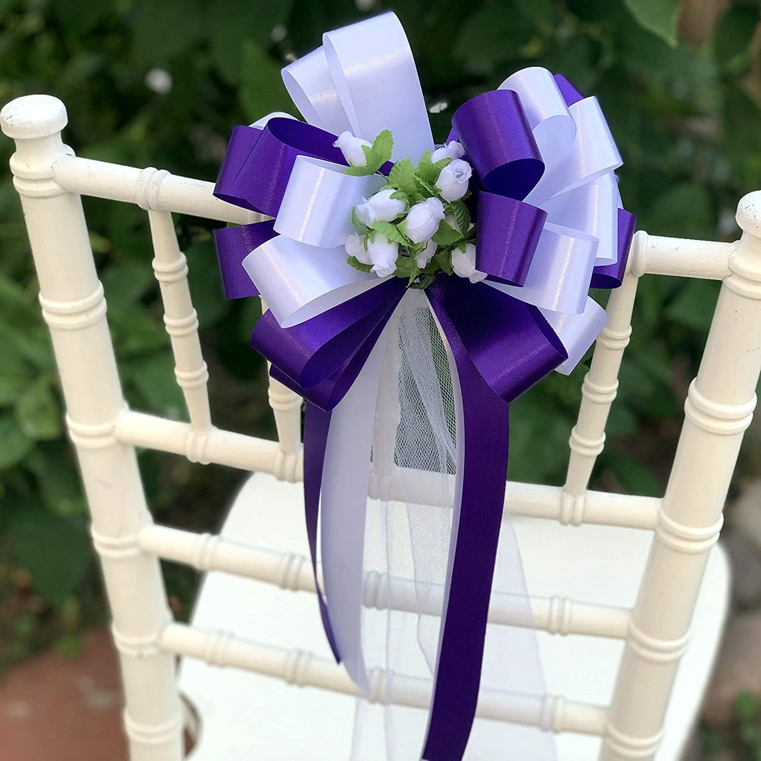Purple & White Wedding Pull Bows with Tulle Tails and Rosebuds - 8" Wide, Set of 6, Aisle Decor, Reception