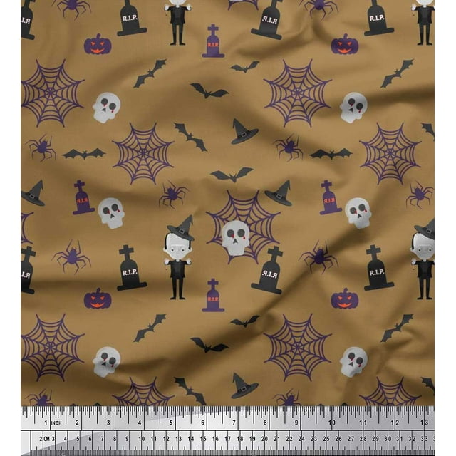 Soimoi Rayon Crepe Fabric Bat,Skull & Witch Halloween Print Fabric by The Yard 46 Inch Wide