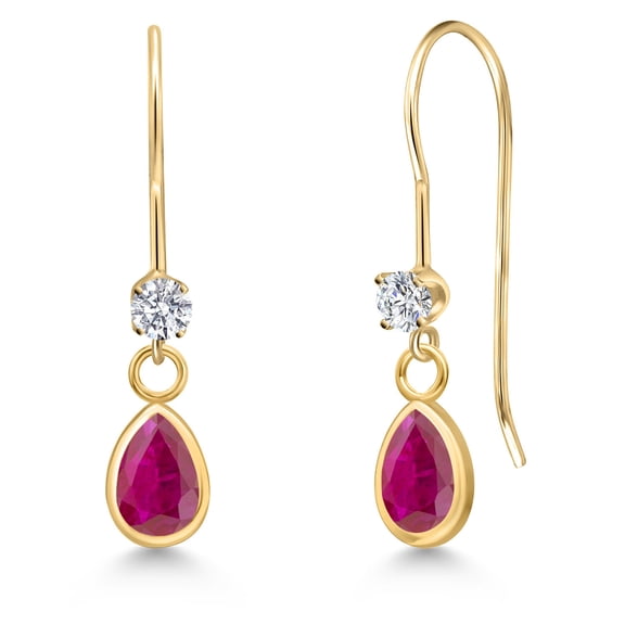 Gem Stone King 14K Yellow Gold Red African Ruby and Lab Grown Diamond Dangle Earrings for Women | 0.80 Cttw | Gemstone July Birthstone | Pear Shape 6X4MM