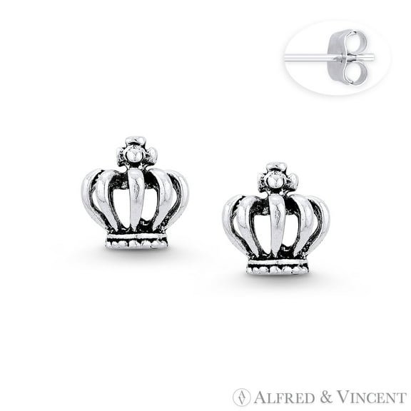 Monarch Crown Royalty Charm 9x9mm Stud Earrings in Oxidized .925 Sterling Silver