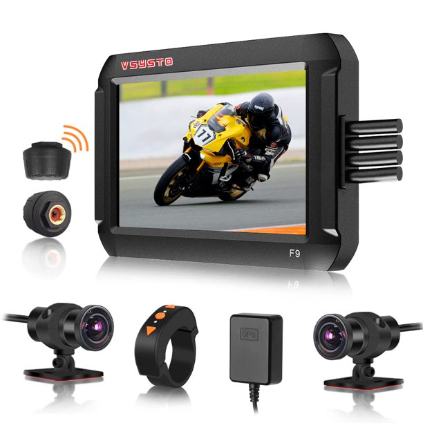VSYSTO Cámara de Control de Motocicletas, sensores de presión de neumáticos, WiFi 4'' Pantalla WDR HD 1080P 150 ° Lente Fisheye SONYIMX307 cámara Frontal y Trasera, Guardia de Aparcamiento, GPS