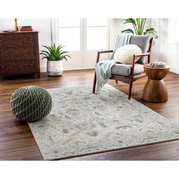 Hauteloom Emile Living Room, Bedroom Area Rug - Floral Border Medallion Distressed Leaf - Traditional Oriental Transitional Oushak - Off White, Taupe, Dusty Sage, Cream, Beige - 2' x 2'11"