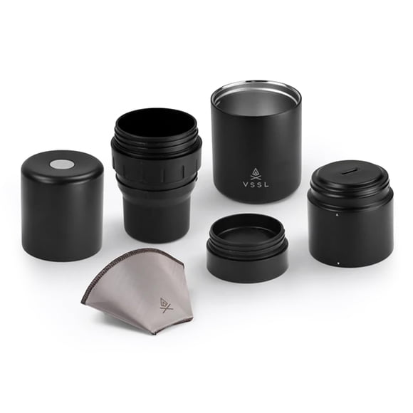 VSSL - Nest Pour Over Coffee Kit | Coffee Maker for Camping | All-In-One Travel Pour Over | Transportable Dripper, Two 10oz Stainless Steel Travel Mu