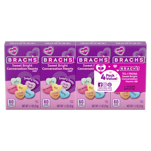 Brach's Valentines Day Candy Sweet Bright Conversation Hearts, Hard Candy, 1.1 oz Box, 4 Count