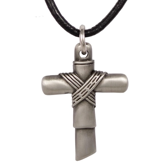 Silver Cross Necklace with Rope Center - Pewter - Leather Cord
