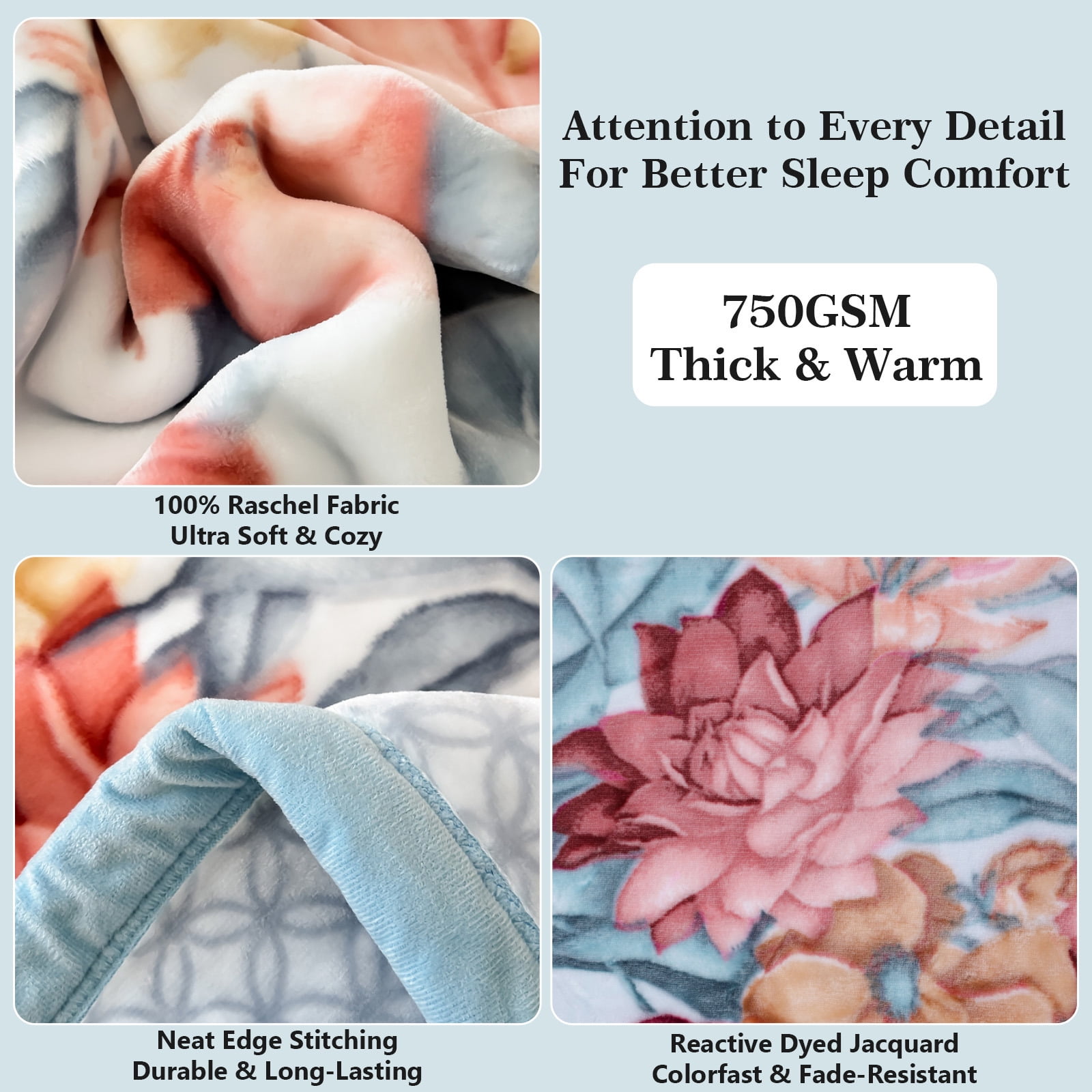 WOOW DEPOT Thick Fleece Twin Bed Blanket Reversible, 1 PCS Peony Flower Printed 59" x 78.7" Soft Warm Mink Blanket Luxurious 4.41 lb Heavy, Blue