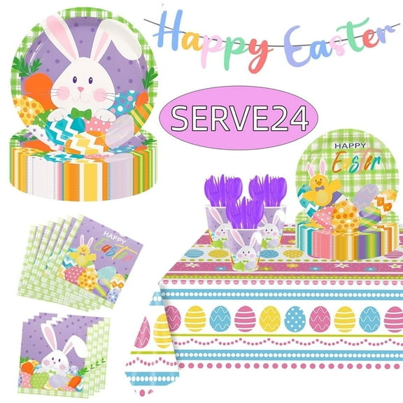 Easter Plates Party Supplies Bunny Paper c Napkins Cups Disposable Eggs Tableware Easter Holiday Party Favor Decoration, Design 1, Serves 24