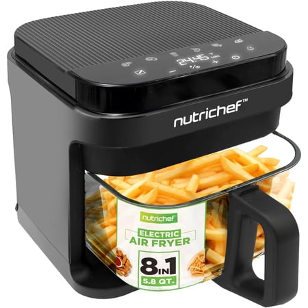 Nutrichef 5.8 Quart Air Fryer - 8-1 Preset Cook Modes - Transparent Fry Bowl for Best Cooking Results - Cook Shrimp, Steak, Fries, Wings, Chicken & More - Precise Temperature Control & Time - Grey