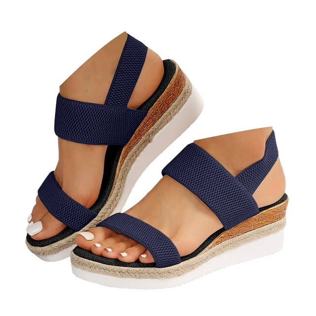 Dakaela Sandales Compensées Espadrilles à Plateforme pour Femmes, Confortables, Bout Ouvert, une Bride, Habillées, à Enfiler, Bleu, 7