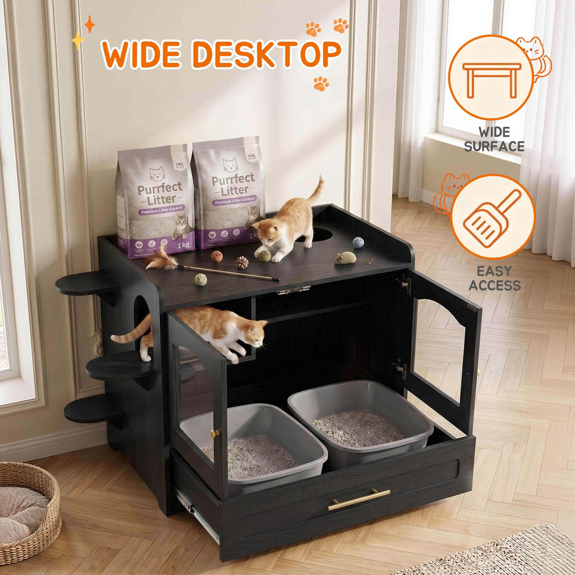 HOQBN Cat Litter Box Enclosure Furniture, Dog Proof Hidden Litter Box Cabinet with Acrylic Door, Extra Long Runway & Storage Drawer, Indoor Cat Play Area Black
