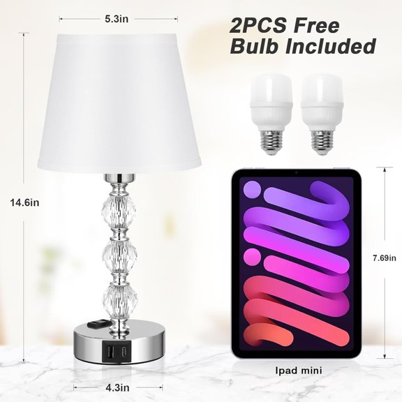 14.6''  Bedside Lamps Set of 2 with USB  C Charging Ports and AC Outlet, 3 Way Dimmable Touch Control Silver Nightstand