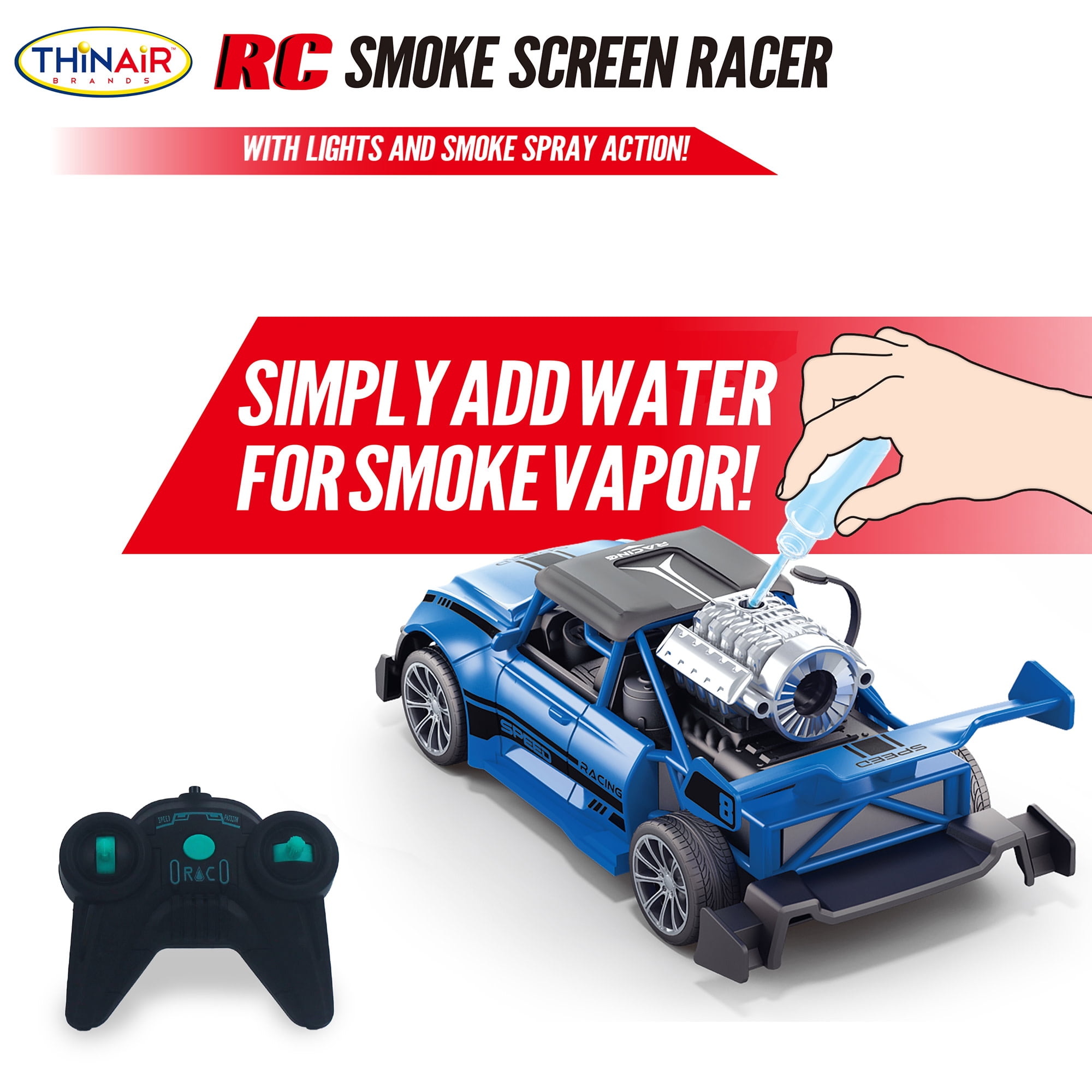 Hyper Drive: RC Smoke Screen Racer - Blue - Light-Up Remote Control Car, Spraying Vapor Mist, Toy Vehicle Performs Stunts & Tricks, 2.4 GHz, Kids 5+