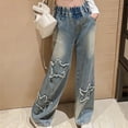 thumbnail image 4 of bbymog Girls Jeans Fashion Five-Pointed Star Printed Baggy Straight Leg Pants Elastic Waist Casual Denim Pants with Pocket 4-16 Years Teenage Girls' Clothing, 4 of 6