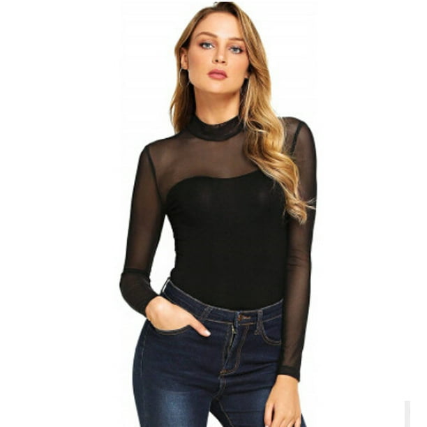 VISgogo Body sexy para mujer Clubwear Top de manga larga Shapewear Slim Fit Perspective Mesh Outfit VISgogo moda