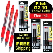 Pilot G2 10 Red, 1.0mm Bold Point, Red Gel Ink Rollerball Pens & Refills