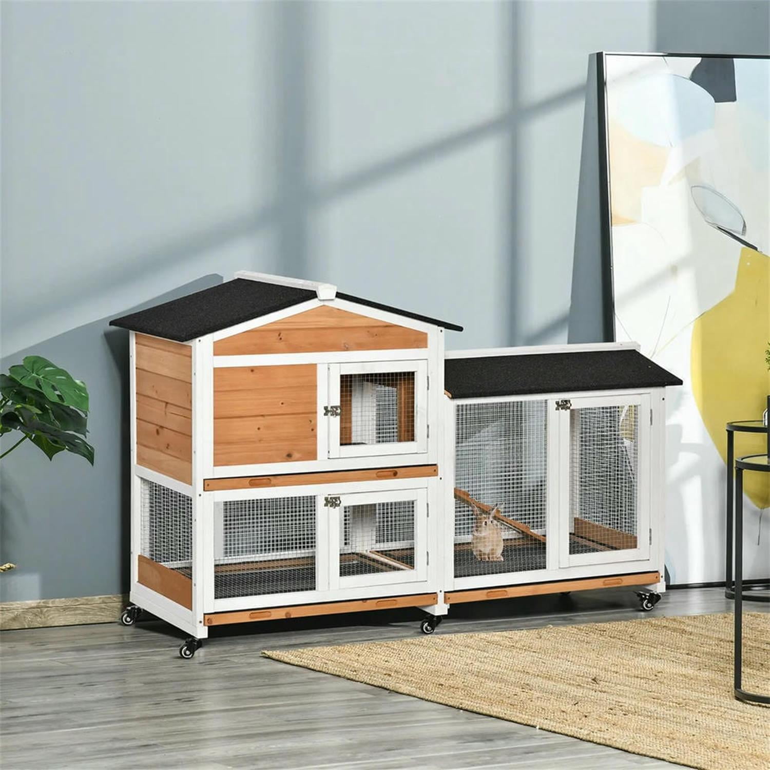 Kadyn 62" 2-tier Wooden Rabbit Hutch with Wheels and Slide-out Tray, Outdoor Small Animal Habitat Chicken Coop Bunny Cage for Bunnies, Guinea Pigs, Orange