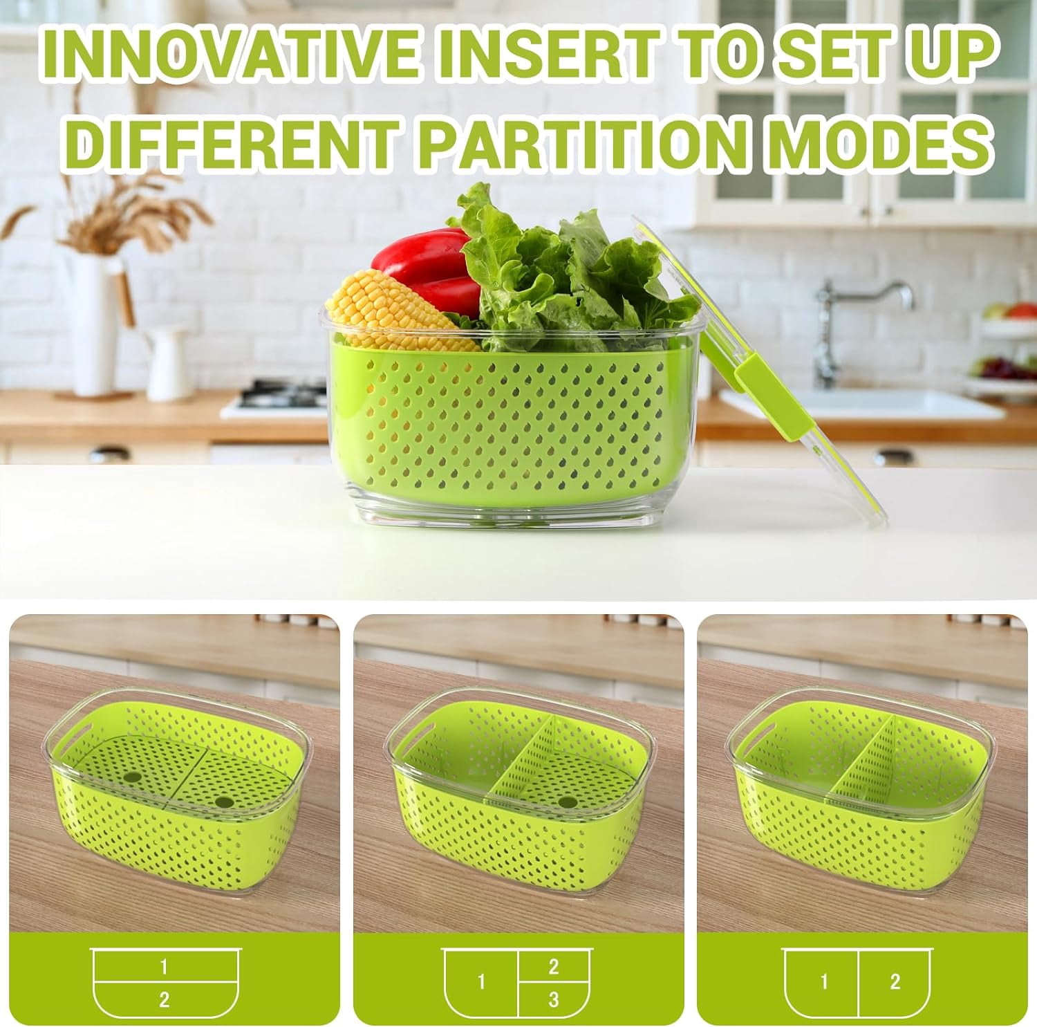 Fresh Produce Vegetable Fruit Storage Containers 3Piece Set, BPA-free Fridge Storage Container, Partitioned Salad Container, Fridge Organizers, Used in Storing Fruits Vegetables, Gray