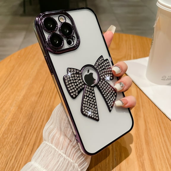 SaniMore Case for iPhone 14 Pro (6.1" 2022), Bling Glitter 3D Bowtie Diamond & Camera Glass Cover Protective Girly Shell Plsting Shockproof Bumper Anti--drop Clear Cover, Purple