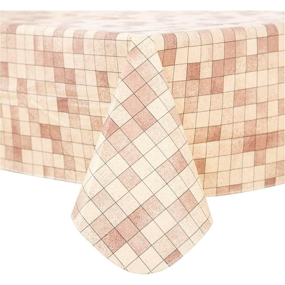 70x52 Inch Waterproof PVC Vinyl Rectangle Tablecloth With Flannel Backing Brown Plaid Indoor Outdoor Dining