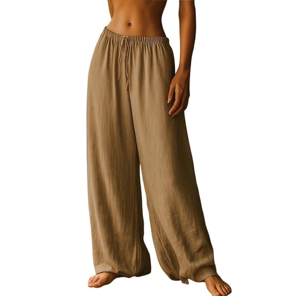 Idoravan pants for women wide leg casual cotton Women's Casual Loose Linen Solid Color Casual Trousers