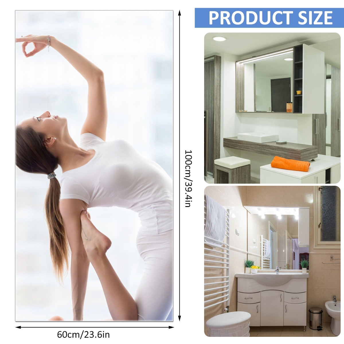 Pcapzz Self Adhesive Mirror Stickers Flexible Mirrors Sheets Cuttable DIY Wall Mirror PET Non Glass Mirror Stickers Mirror Wall Stickers Decor for Bathroom Bedroom Gym 19.7x39.4inch/23.6x39.4inch