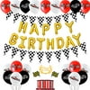 SHERONV Racing Car Birthday Decorations Kit for Kids, Race Car Party Supplies with Gold Happy Birthday Balloon Banner, Racing Car Balloons, Checkered Flags, Cake Topper for Cars Theme Birthday Pa