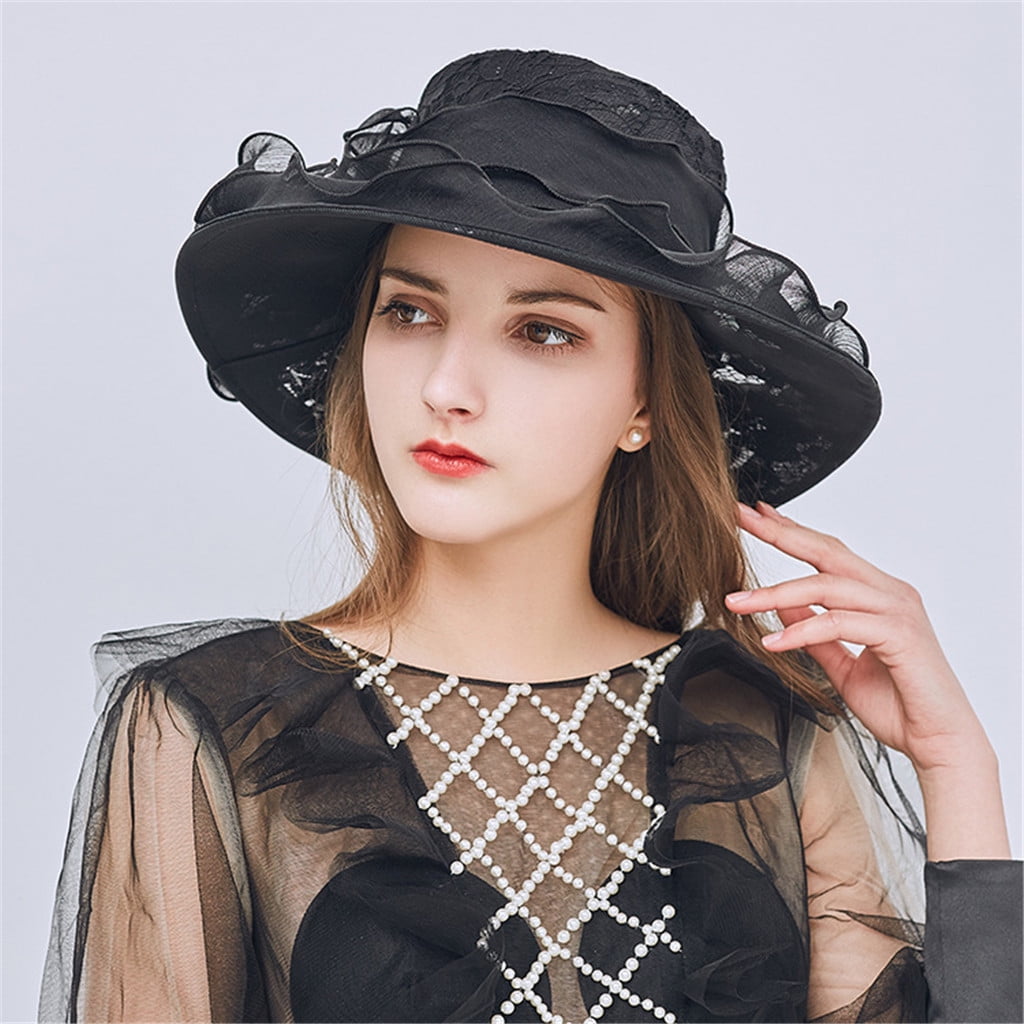 4382 Elegant Plaid Wide Brim Fascinator Hat For Women,tea Party & Wedding F FADVES Fascinator Women Organza Church Derby Hat Wide Brim  main image 2