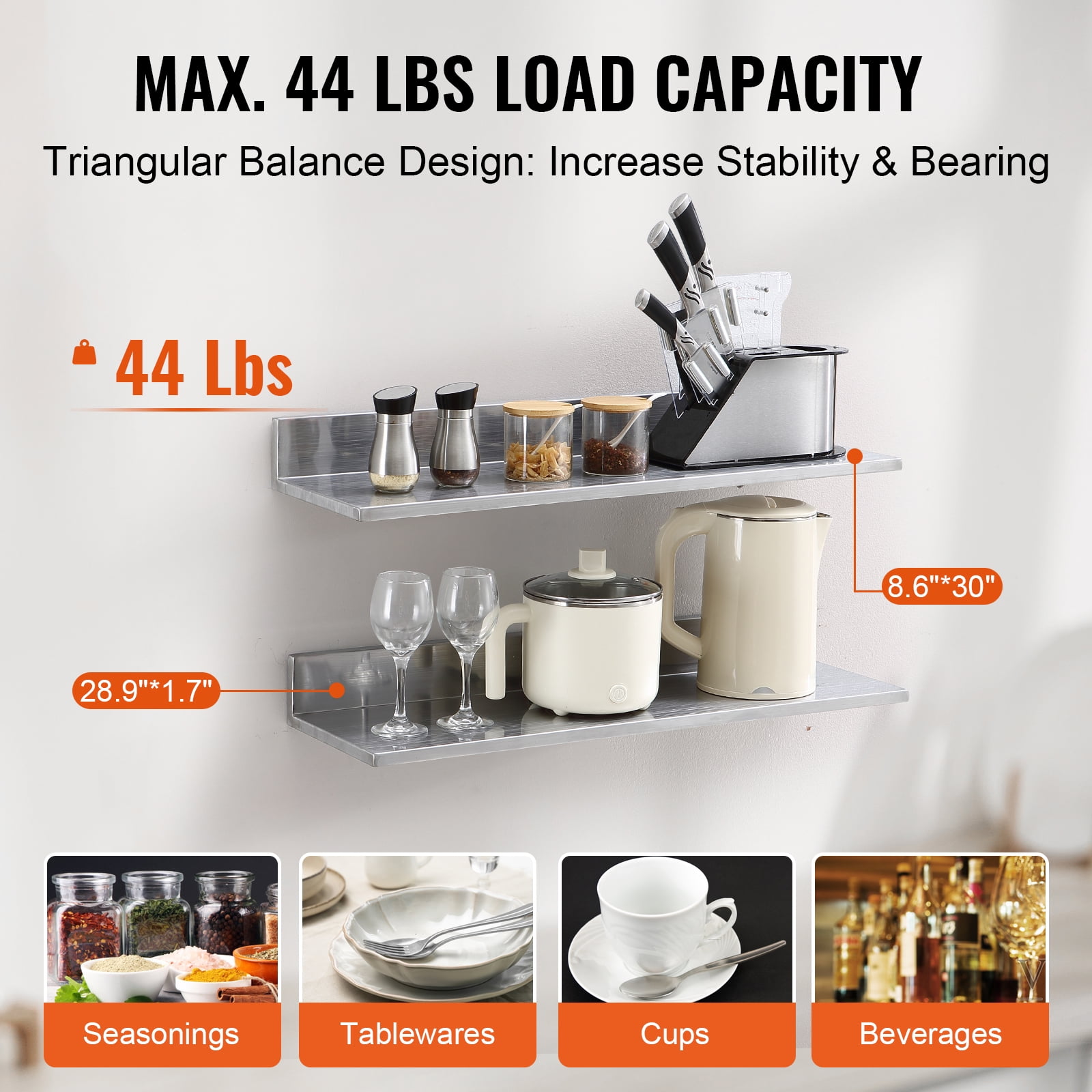 KFFKFF 8.6" x 30" Stainless Steel Wall Shelf, Floating Shelf with Backsplash, 44 lbs Load Capacity, Durable Storage Rack for Kitchens, Restaurants, Bars, Homes, and Hotels