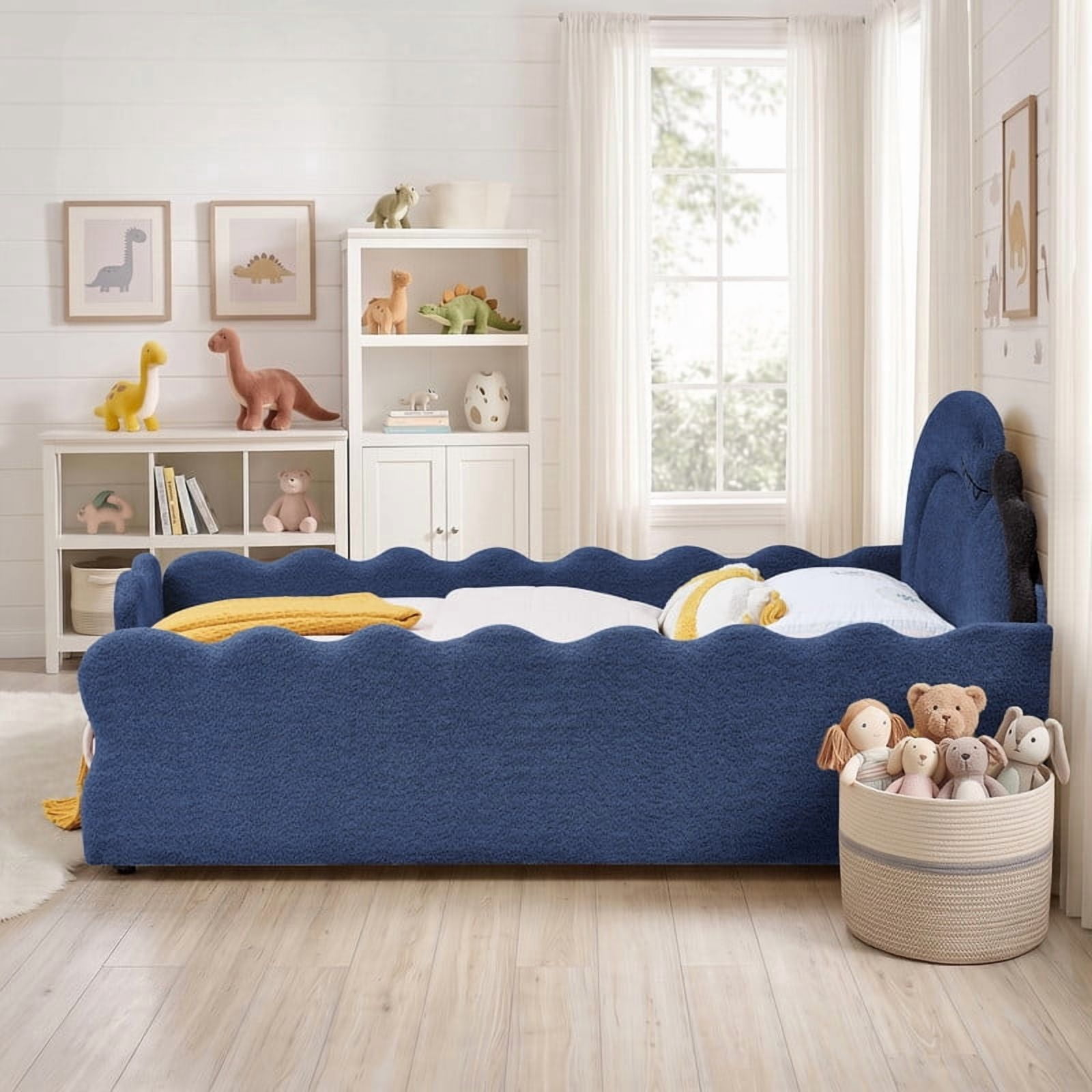 Full Size Kids Dinosaur-Shaped Platform Bed with Guardrails, Low-Profile Upholstered Boucle Fabric Playful Child Daybed Frame