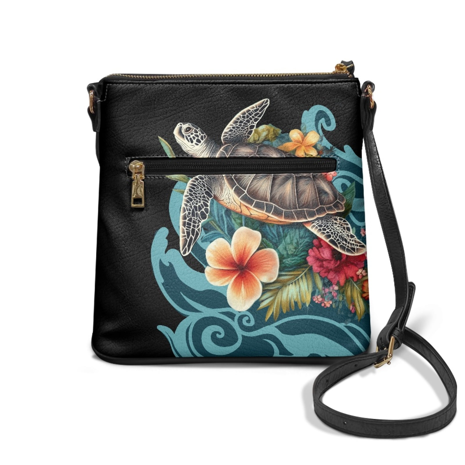 LedBack Sea Turtle Print Leather Purse for Women Crossbody Hobo Bag Satchel Purse with Adjustable Strap, Portable Shoulder Purse Messenger Bag with Multi Pockets, Black and Blue