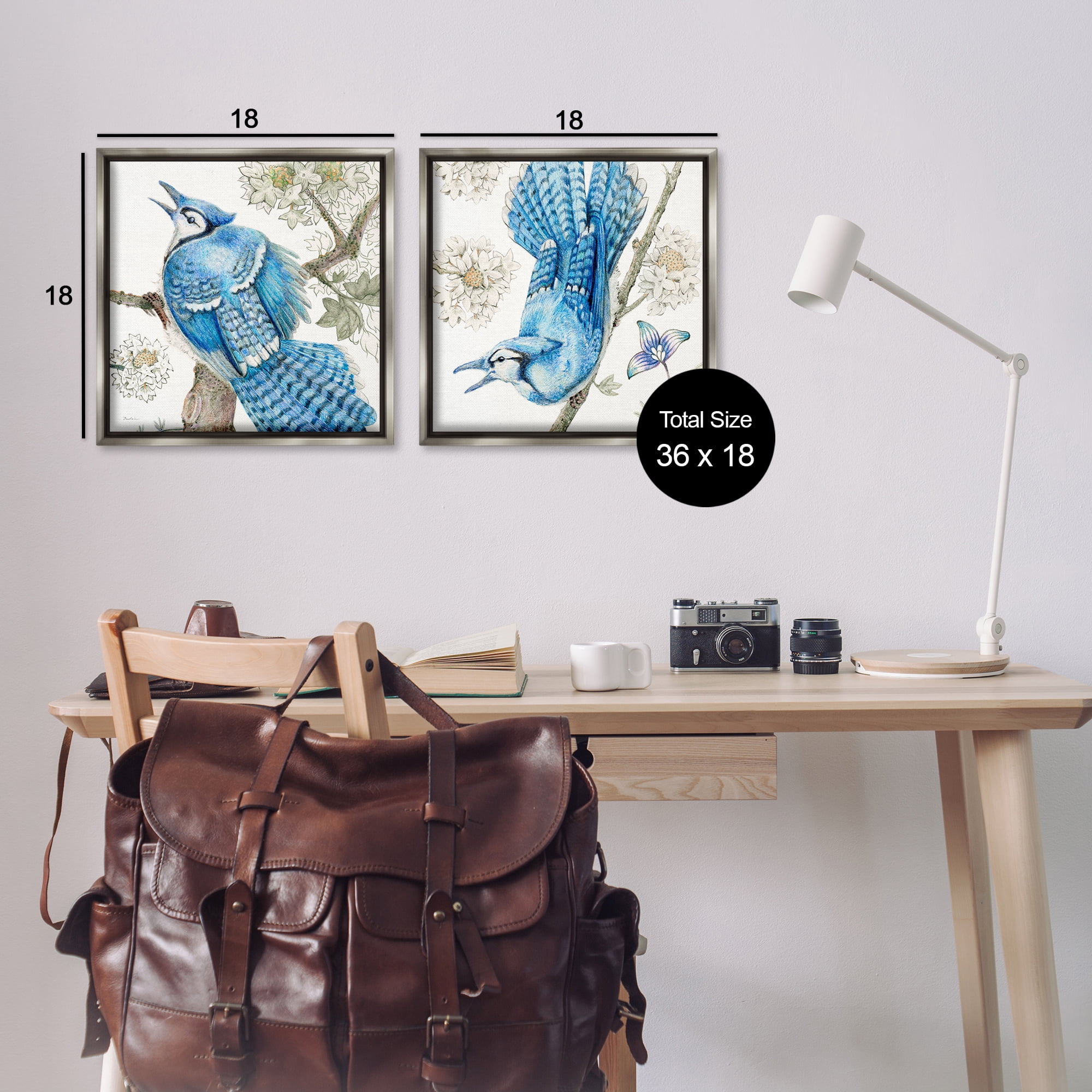 Stupell Industries Blue Jays with White Blossoms Animals Painting Gray Floater Framed Canvas Art Print Wall Art, 18 x 18, Set of 2