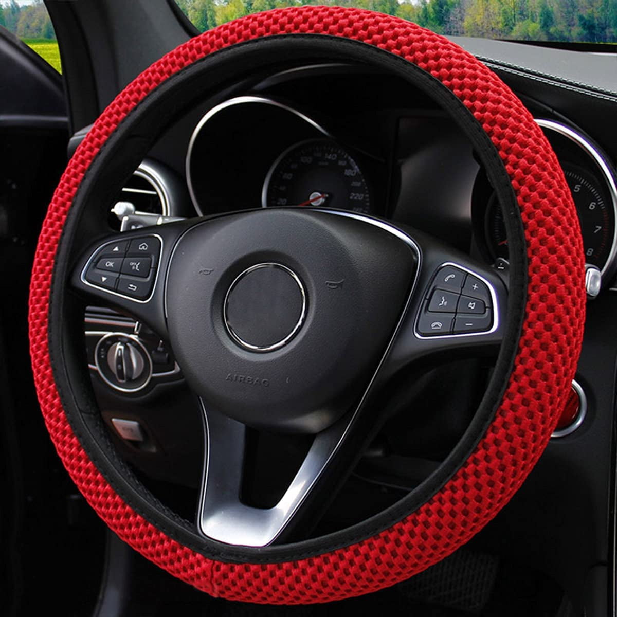 Universal 15 38cm Leather Black Elastic Auto Car Steering Wheel Cover Non-slip 