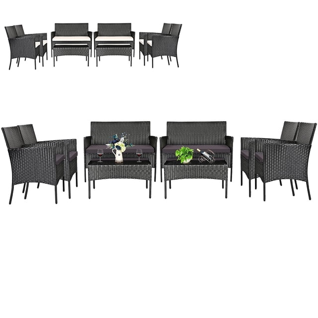 Gymax 8PCS Outdoor Furniture Set Patio Rattan Conversation Set w/ Grey & Off White Cushion