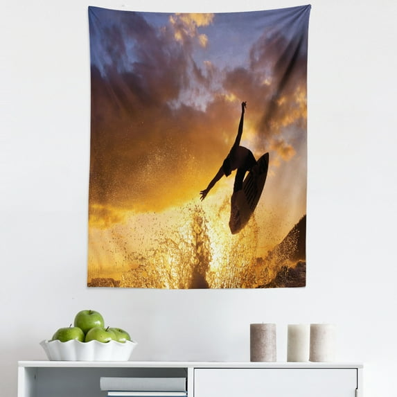 Beach Tapestry, Jumping Pose Surfer Sunset Time Cloudy Sky Ocean Splashing Water, Fabric Wall Hanging Decor for Bedroom Living Room Dorm, 5 Sizes, Purpleblue Orange and Brown, by Ambesonne