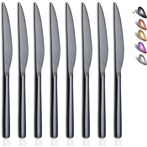 Black Steak Knives, 8 Piece Premium Stainless Steel Steak Knife Set, Meat Knife Sets, German Steak Knives Serrated, Tomato Knife, For Home, Kitchen or Restaurant, Dishwasher Safe (9.2 Inch)