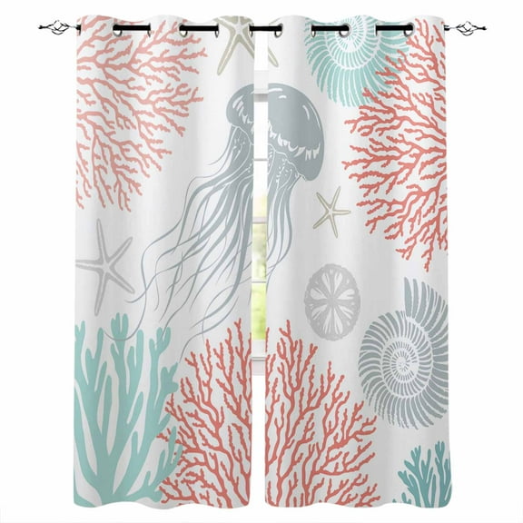 Fsddascl Jellyfish Coastal Blackout Curtains for Bedroom/Living Room, Thermal Insulated Kitchen Curtains, Teal Red Coral Starfish Grommet Darkening Window Treatment Drapes 52"x63"x2