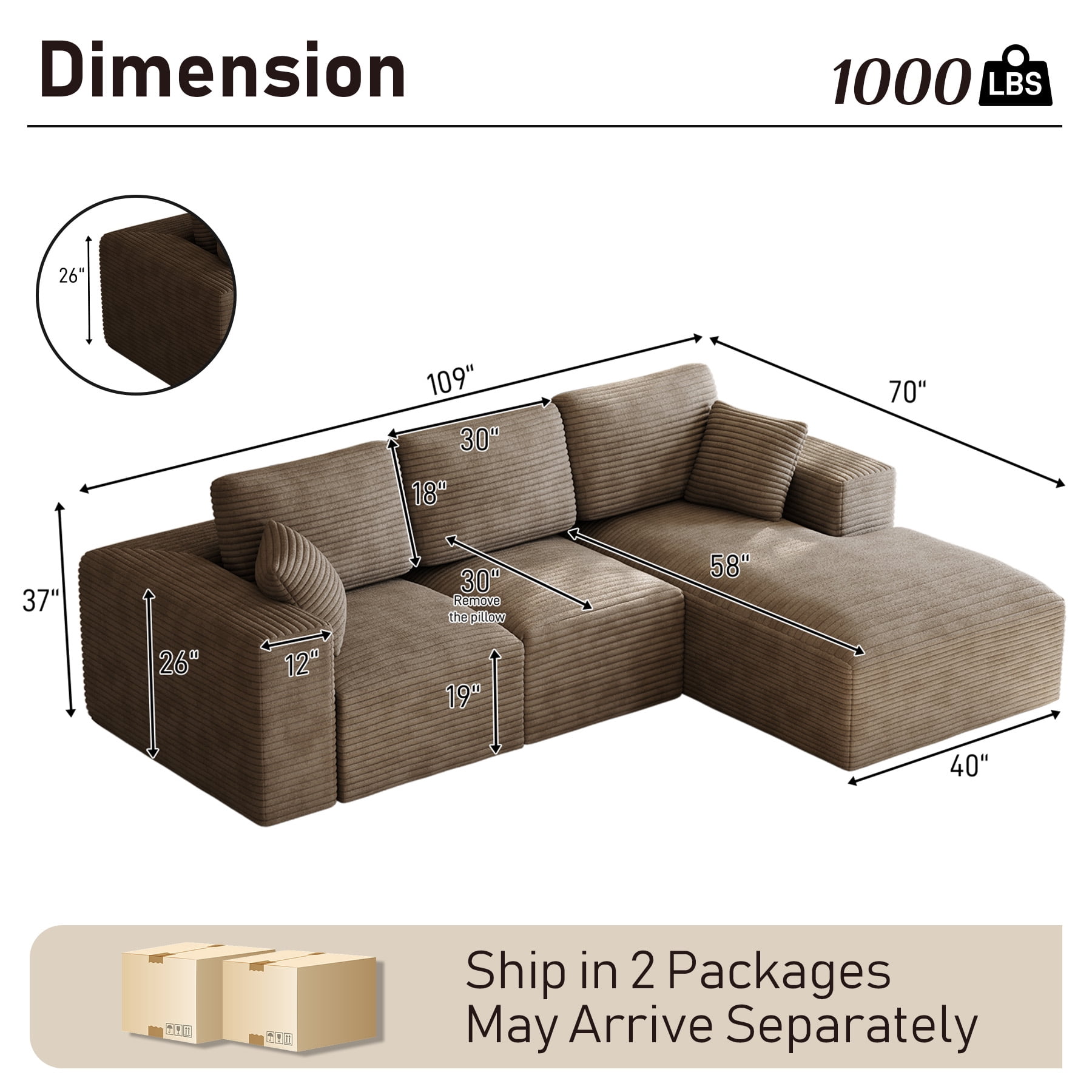 Wiilayok 109" Cloud Sectional Couch with L-Shape Chaise,Modern Modular Sofa with Deep Seat, Comfy Boneless Upholstered Couches for Living Room Bedroom,Light Brown