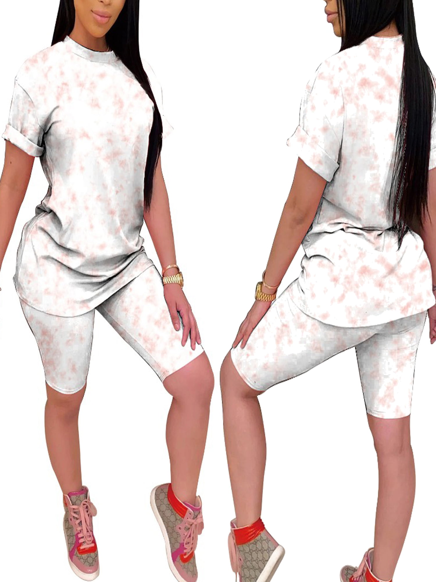 Womens Print Veil Sports Playsuit T shirt Top Short Pants Two Piece Set Clubwear