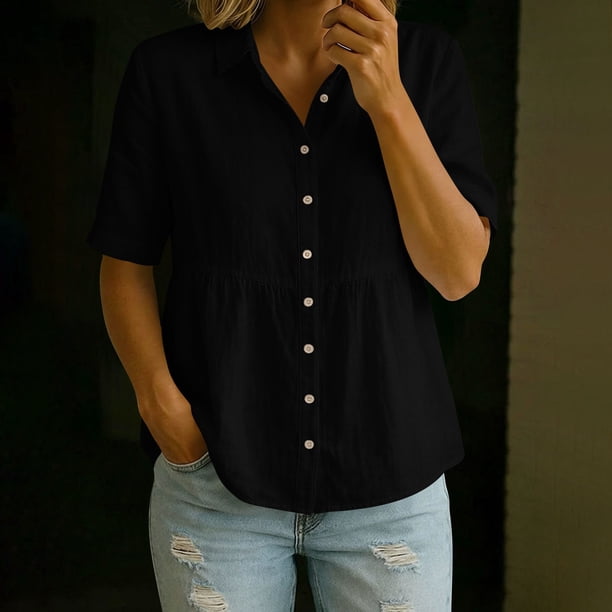 Craaazy Women's Loose Fit Collared Blouse, Solid Color Short Sleeve Button Down Shirt, Breathable Cotton Linen Casual Top for Daily Wear, Work & Weekend Gifts