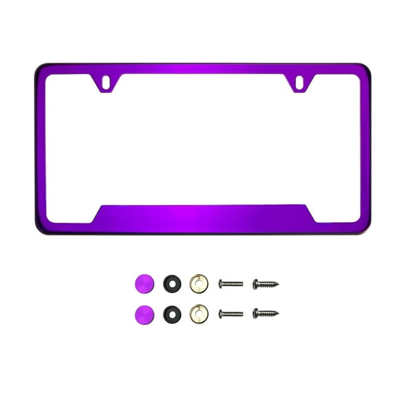 KA Depot Bottom Corner Cut Out Version Purple Chrome Mirror License Plate Frame T304 Stainless Steel   Metal Screw Caps