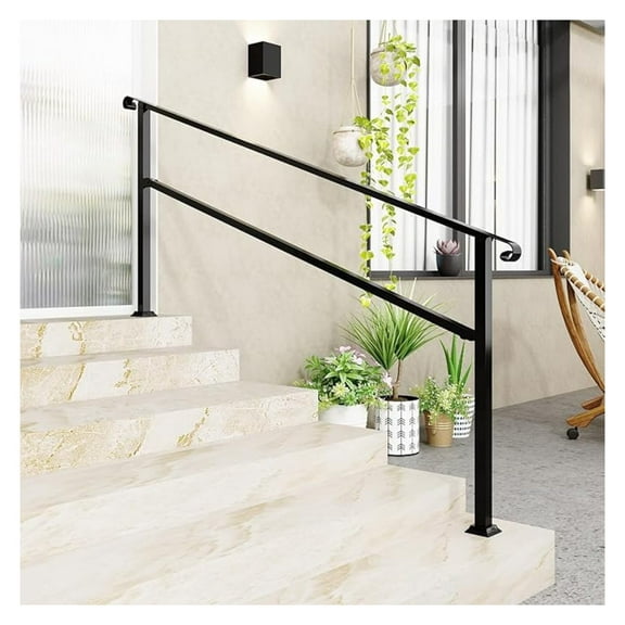 Hand Rails for Outdoor Steps, Deck Porch Railing Kit, 6 Step Stair Handrails, Curved Hand Rails for Seniors, Indoor Metal Stair Railing for Exterior Concrete Steps, 1-6 Step, Black