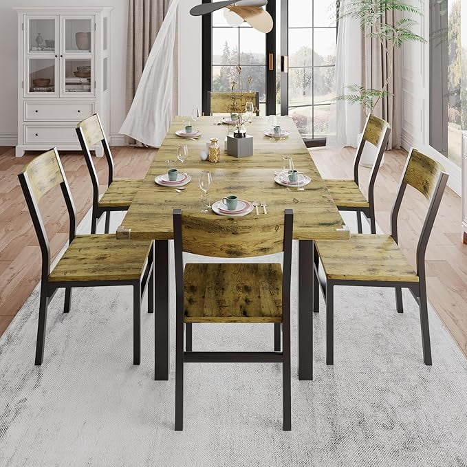 iPormis 63" Extendable Kitchen Table Set for 4-6 People, 7-Piece Large Dining Table Set With 6 Chairs,Mid-Century Modern Dining Room Table,Rustic Brown