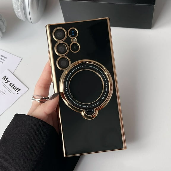 Magnetic case for Samsung Galaxy S23 FE [Compatible with MagSafe], Wireless Charging Cover with Ring Kickstand Lens Protection Plating Shockproof Slim Lightweight Fashion Case - Black