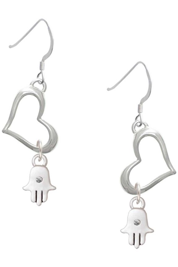 Silvertone Mini Hamsa Hand Open Heart French Earrings